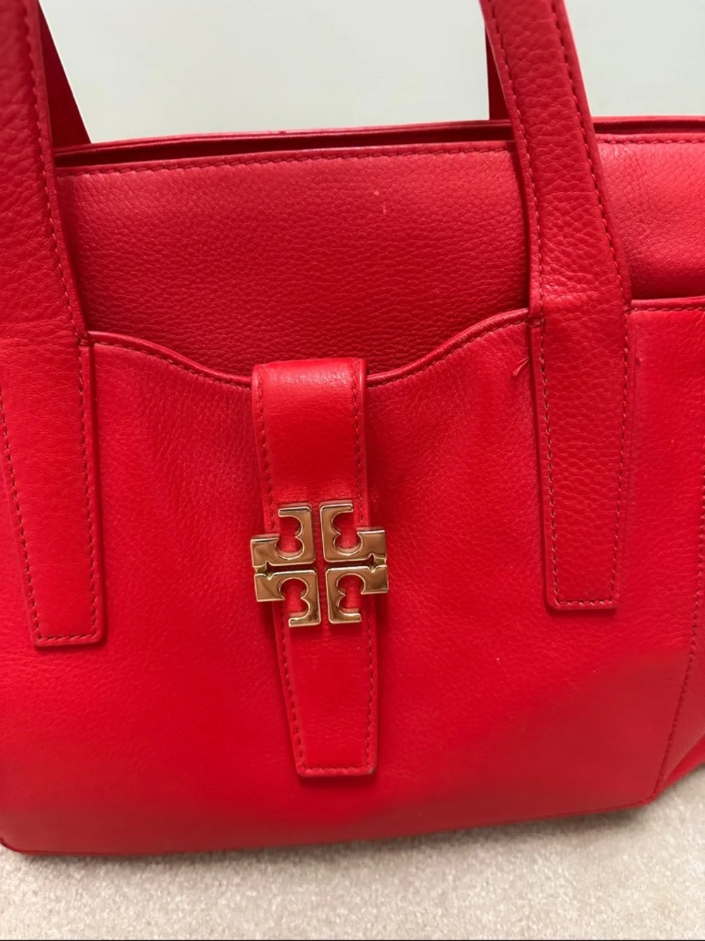 Tory Burch Red Pebbled Leather Tote with Gold Logo